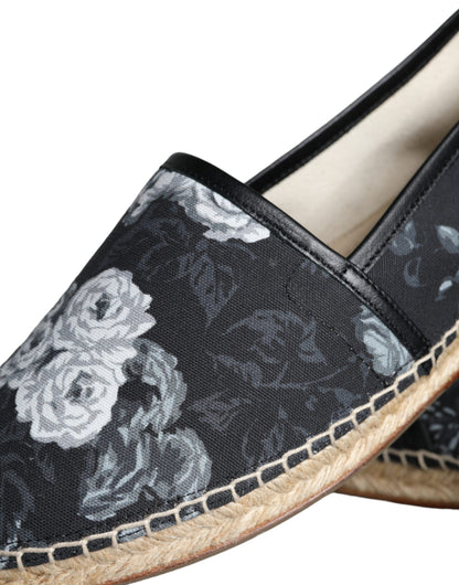 Dolce & Gabbana Black Floral Cotton Leather Espadrilles Shoes Dolce & Gabbana