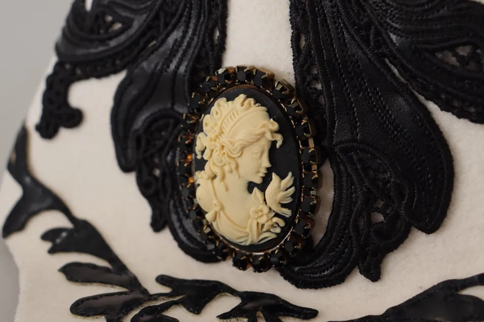 Dolce & Gabbana White Black Wool Embroidered Cameo Brooch Hat Dolce & Gabbana