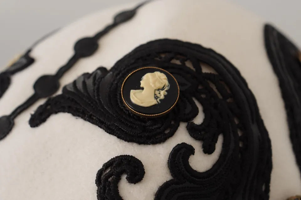 Dolce & Gabbana White Black Wool Embroidered Cameo Brooch Hat Dolce & Gabbana