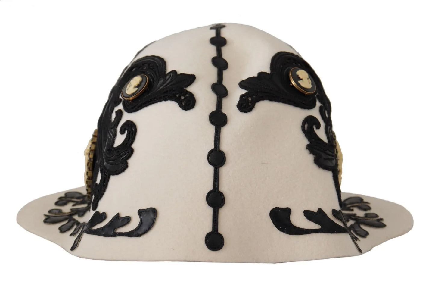 Dolce & Gabbana White Black Wool Embroidered Cameo Brooch Hat Dolce & Gabbana