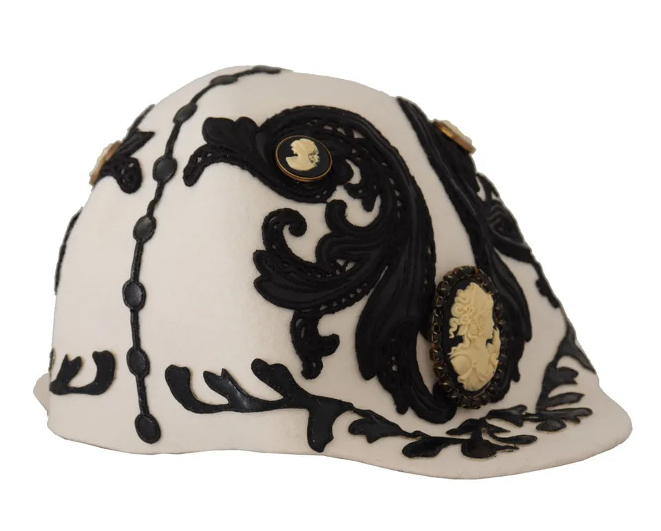 Dolce & Gabbana White Black Wool Embroidered Cameo Brooch Hat Dolce & Gabbana