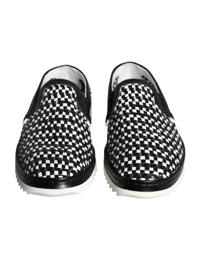 Dolce & Gabbana Black White Weaved Slip On Men Loafers Shoes Dolce & Gabbana