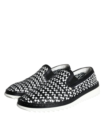 Dolce & Gabbana Black White Weaved Slip On Men Loafers Shoes Dolce & Gabbana