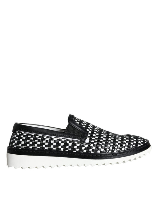 Dolce & Gabbana Black White Weaved Slip On Men Loafers Shoes Dolce & Gabbana