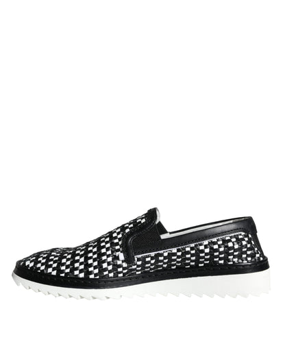 Dolce & Gabbana Black White Weaved Slip On Men Loafers Shoes Dolce & Gabbana