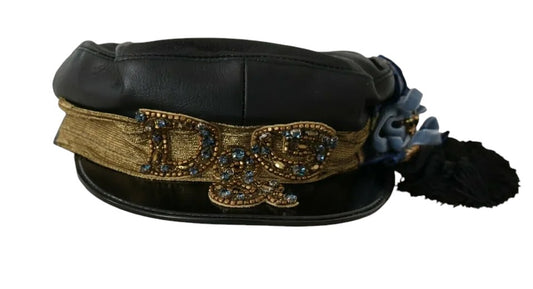 Dolce & Gabbana Black Leather Crystal Beads Gold Ribbon Fiddler Cap Dolce & Gabbana