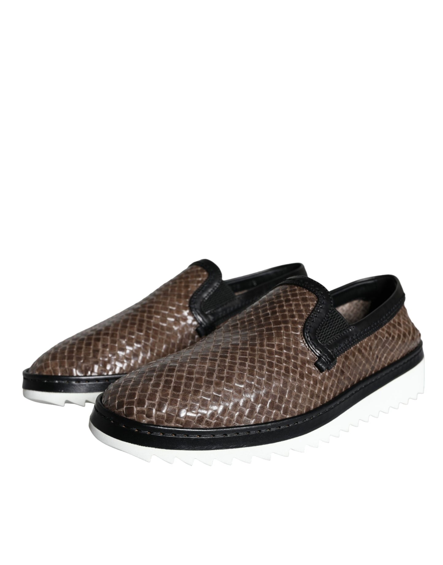 Dolce & Gabbana Brown Black Leather Weaved Men Loafers Shoes Dolce & Gabbana