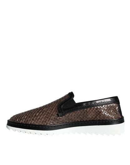 Dolce & Gabbana Brown Black Leather Weaved Men Loafers Shoes Dolce & Gabbana