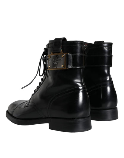 Dolce & Gabbana Black Logo Lace Up Mid Calf Men Boots Shoes Dolce & Gabbana