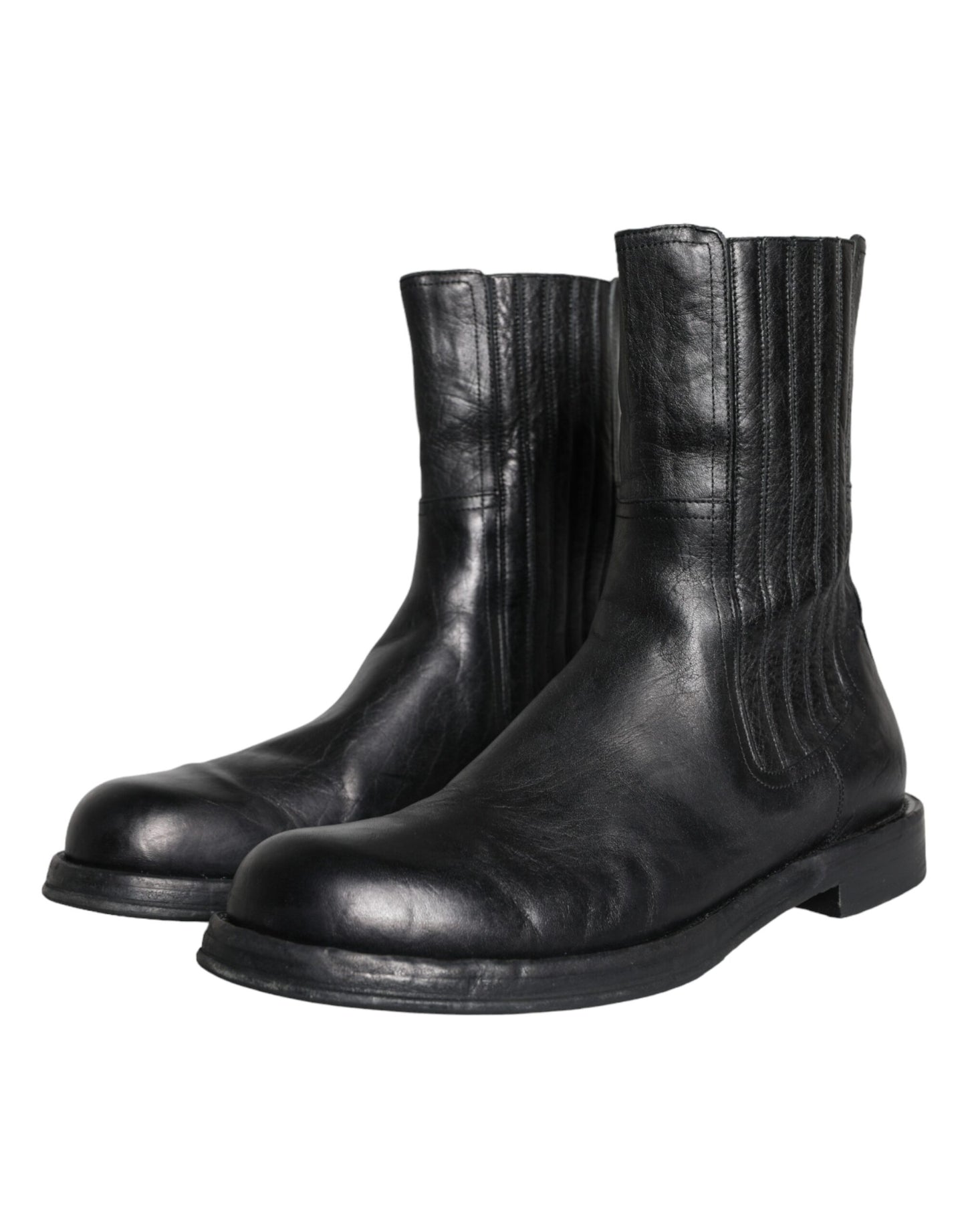 Dolce & Gabbana Black Horse Leather Mid Calf Boots Men Shoes Dolce & Gabbana