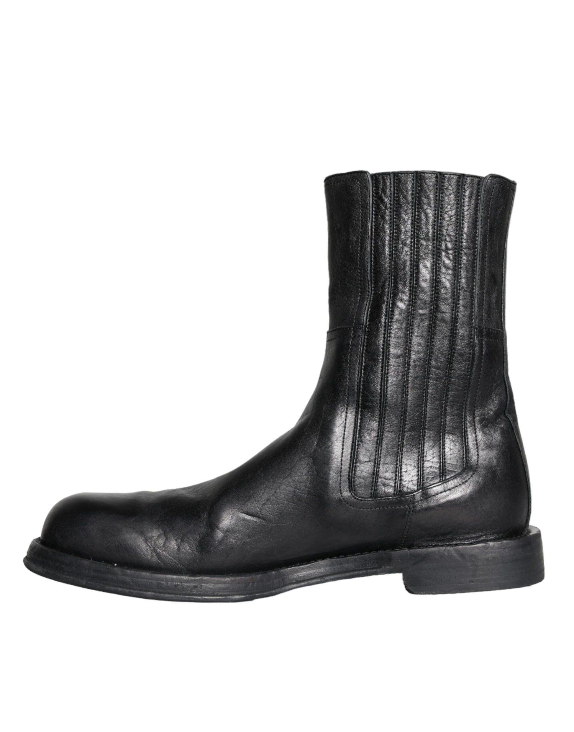 Dolce & Gabbana Black Horse Leather Mid Calf Boots Men Shoes