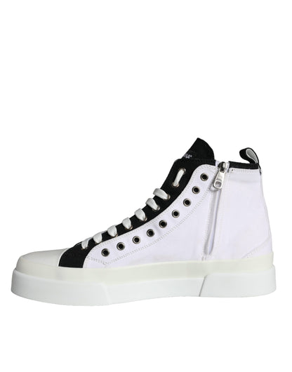 Dolce & Gabbana White Black Cotton Logo High Top Sneaker Shoes Dolce & Gabbana