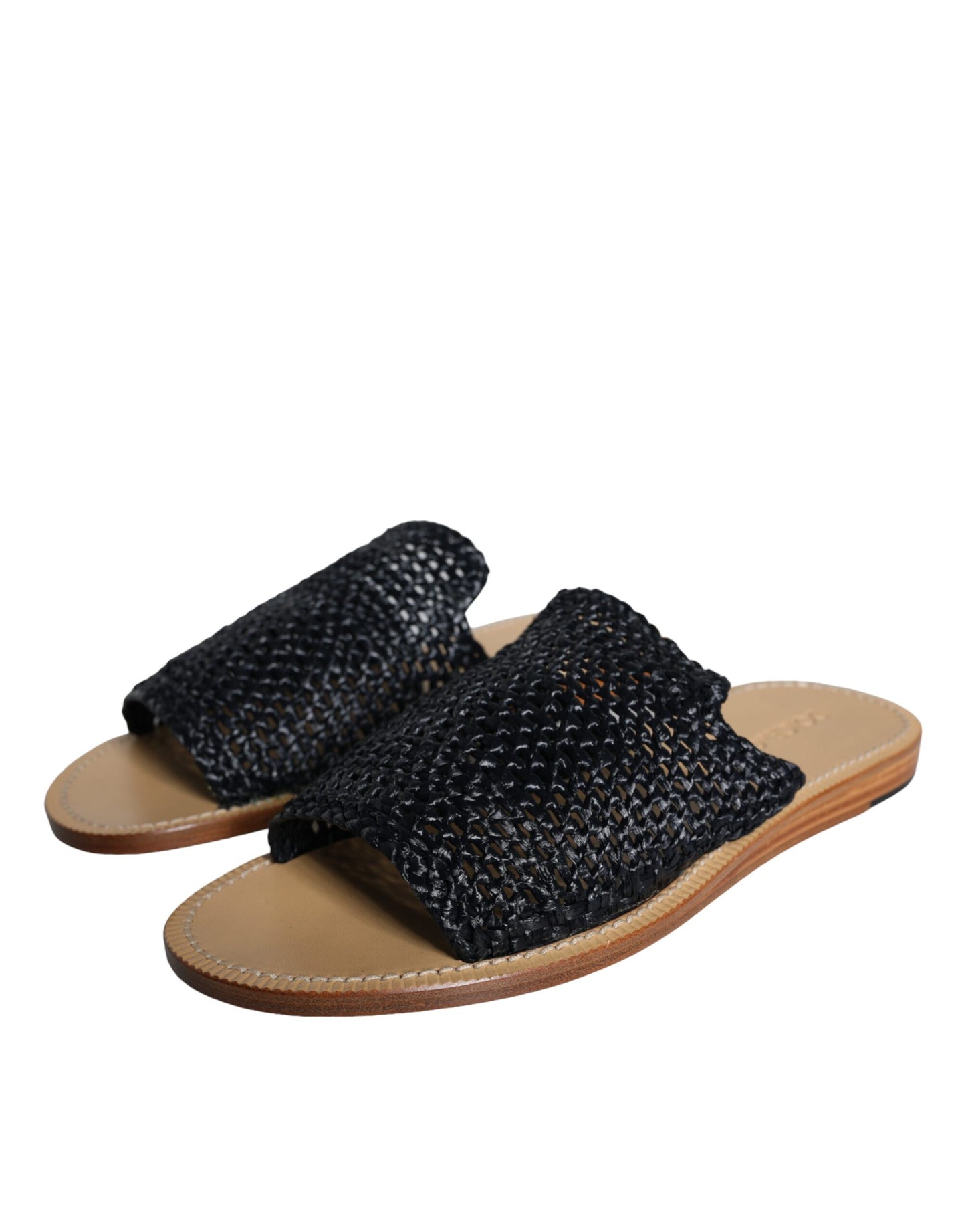 Dolce & Gabbana Black Monochrome Braided Raffia Slides Shoes Dolce & Gabbana