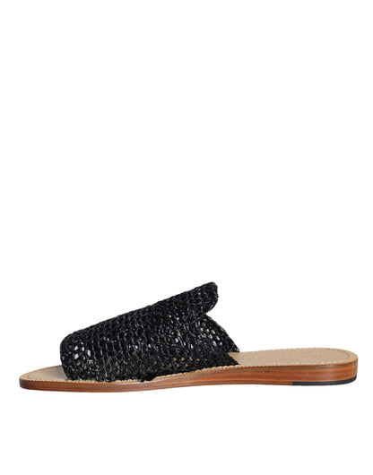 Dolce & Gabbana Black Monochrome Braided Raffia Slides Shoes Dolce & Gabbana