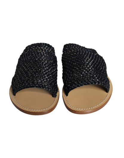 Dolce & Gabbana Black Monochrome Braided Raffia Slides Shoes Dolce & Gabbana