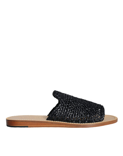 Dolce & Gabbana Black Monochrome Braided Raffia Slides Shoes Dolce & Gabbana