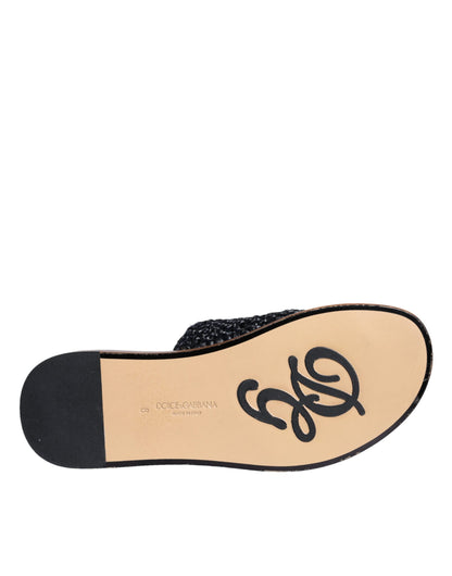 Dolce & Gabbana Black Monochrome Braided Raffia Slides Shoes Dolce & Gabbana