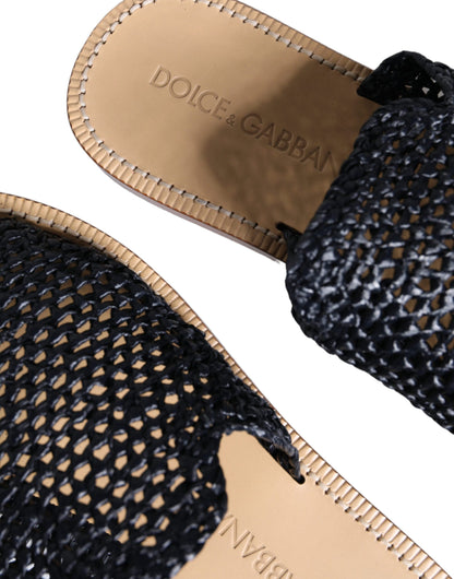 Dolce & Gabbana Black Monochrome Braided Raffia Slides Shoes Dolce & Gabbana