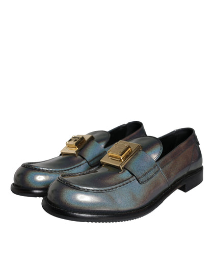 Dolce & Gabbana Silver Leather Logo Plaque Slip On Men Loafers Shoes Dolce & Gabbana