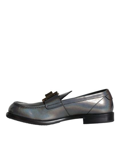 Dolce & Gabbana Silver Leather Logo Plaque Slip On Men Loafers Shoes Dolce & Gabbana