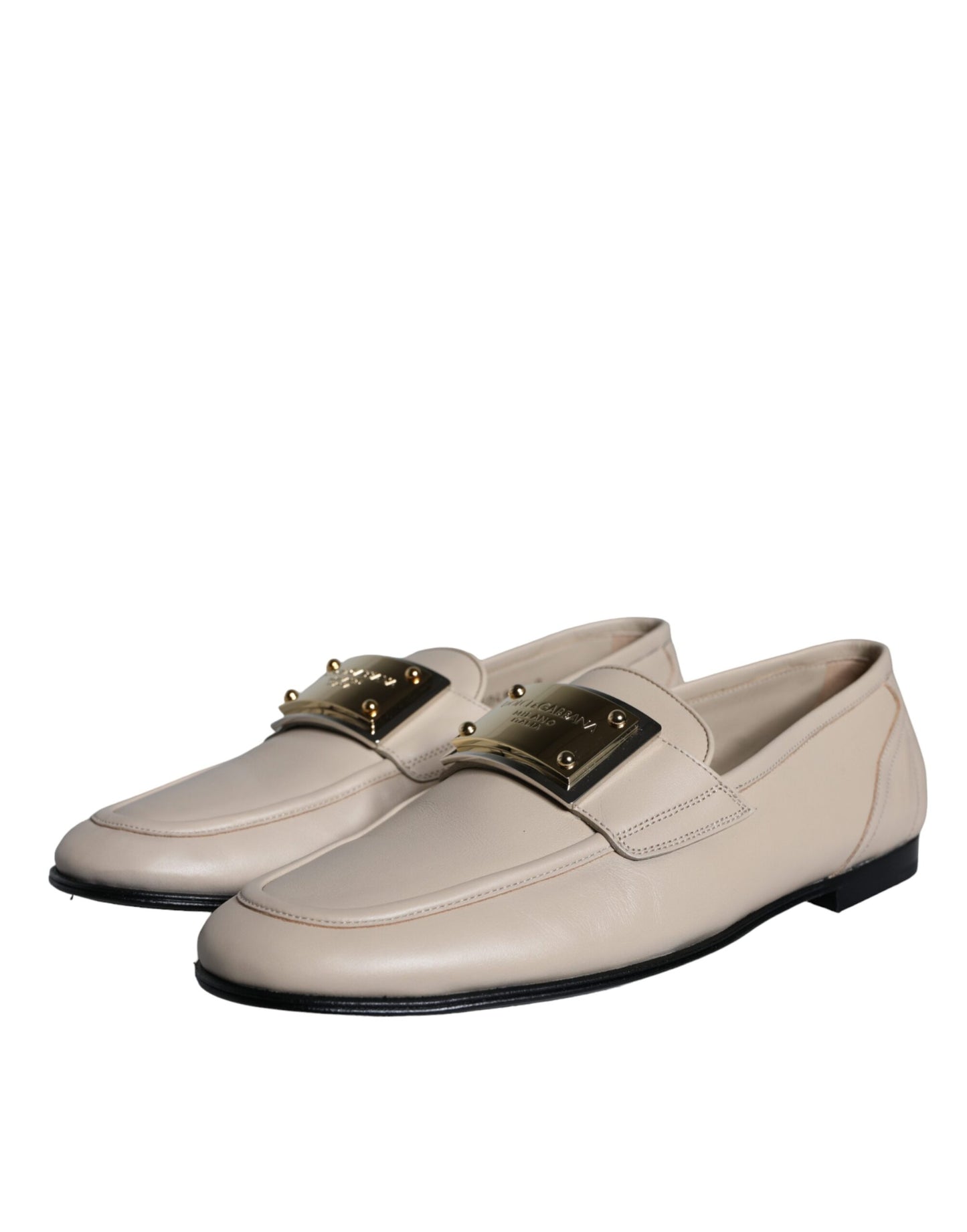 Dolce & Gabbana Beige Leather Logo Plaque Slip On Men Loafers Shoes Dolce & Gabbana