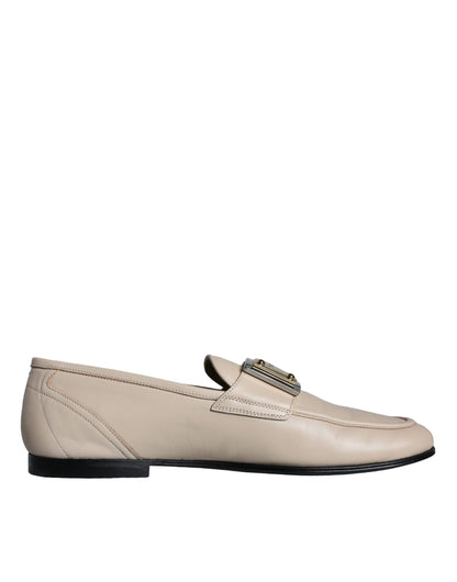 Dolce & Gabbana Beige Leather Logo Plaque Slip On Men Loafers Shoes Dolce & Gabbana