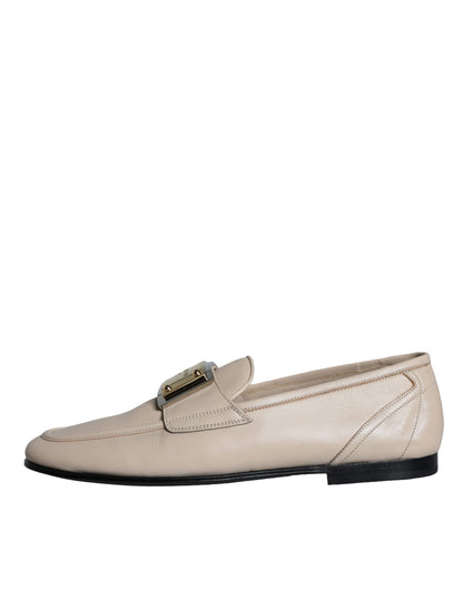 Dolce & Gabbana Beige Leather Logo Plaque Slip On Men Loafers Shoes Dolce & Gabbana