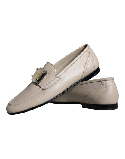 Dolce & Gabbana Beige Leather Logo Plaque Slip On Men Loafers Shoes Dolce & Gabbana