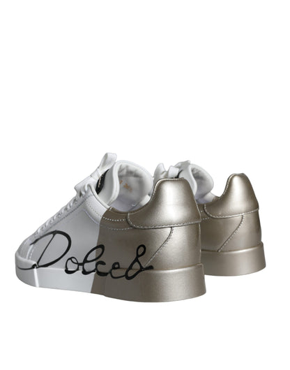 Dolce & Gabbana White Gold Portofino Low Top Leather Sneakers Shoes Dolce & Gabbana