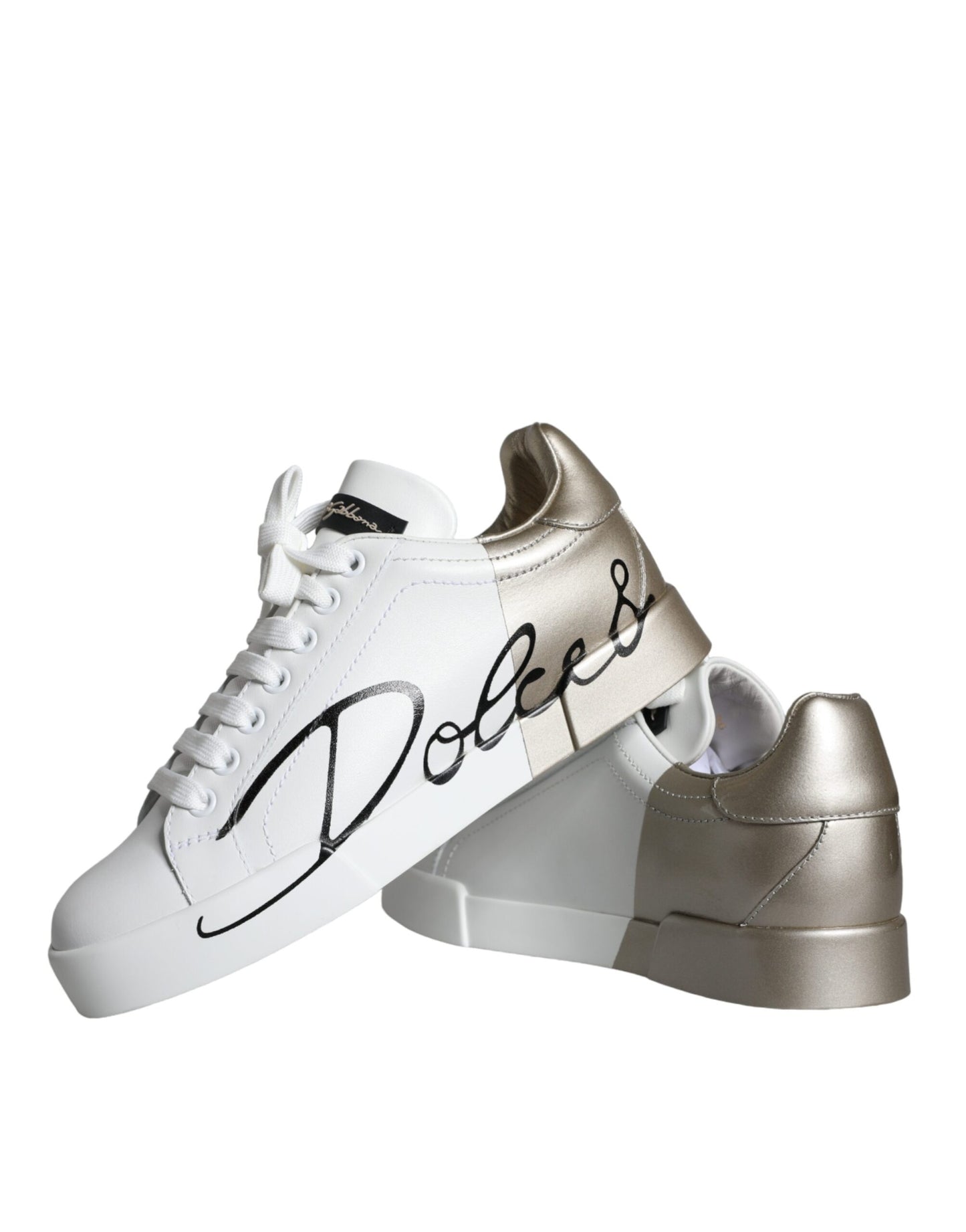 Dolce & Gabbana White Gold Portofino Low Top Leather Sneakers Shoes Dolce & Gabbana