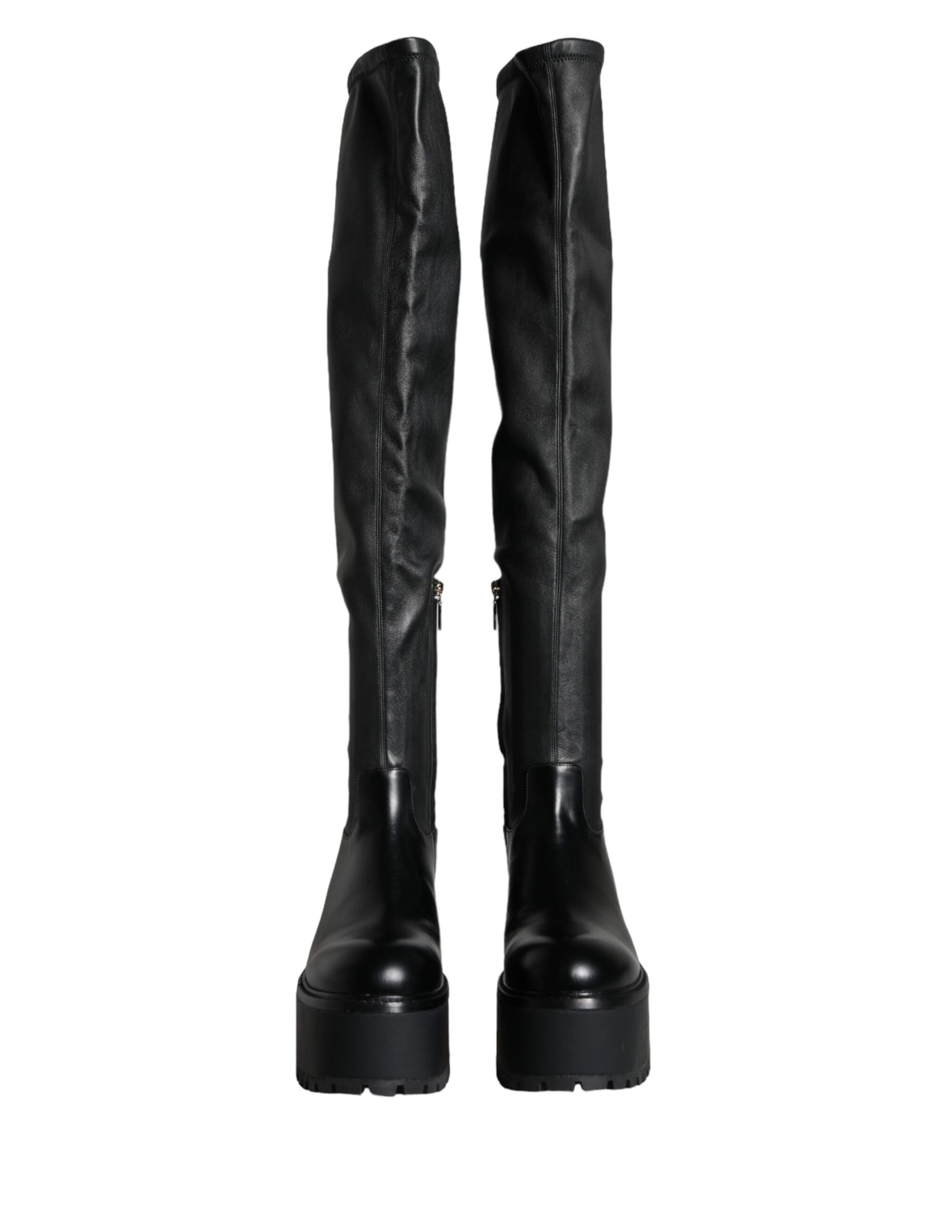 Dolce & Gabbana Black Leather Logo Knee High Boots Shoes