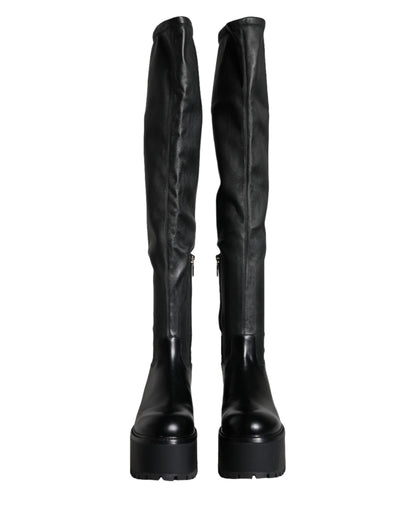 Dolce & Gabbana Black Leather Logo Knee High Boots Shoes Dolce & Gabbana