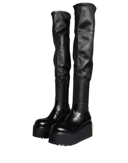 Dolce & Gabbana Black Leather Logo Knee High Boots Shoes Dolce & Gabbana