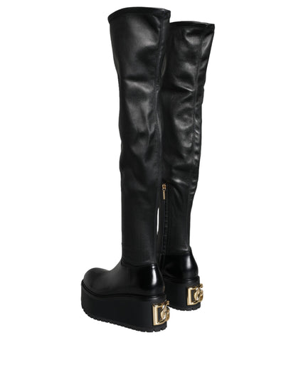 Dolce & Gabbana Black Leather Logo Knee High Boots Shoes Dolce & Gabbana