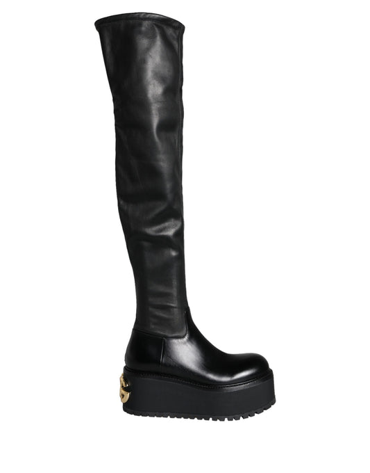 Dolce & Gabbana Black Leather Logo Knee High Boots Shoes Dolce & Gabbana