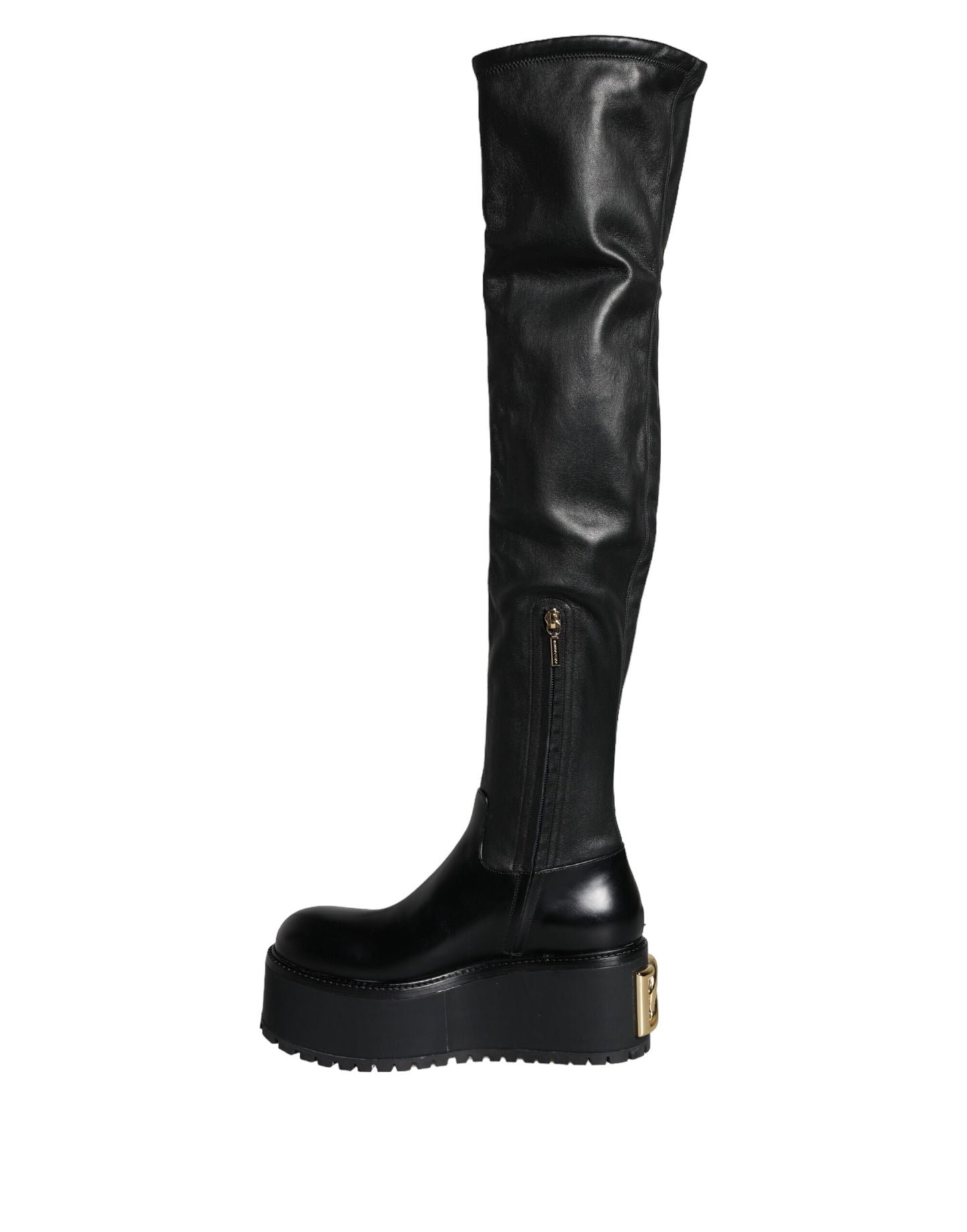 Dolce & Gabbana Black Leather Logo Knee High Boots Shoes Dolce & Gabbana