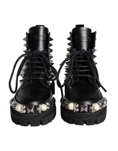 Dolce & Gabbana Black Leather Studs Embellished Combat Boots Shoes Dolce & Gabbana