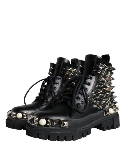 Dolce & Gabbana Black Leather Studs Embellished Combat Boots Shoes Dolce & Gabbana