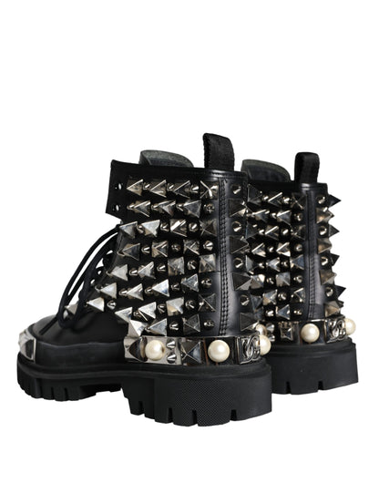 Dolce & Gabbana Black Leather Studs Embellished Combat Boots Shoes Dolce & Gabbana