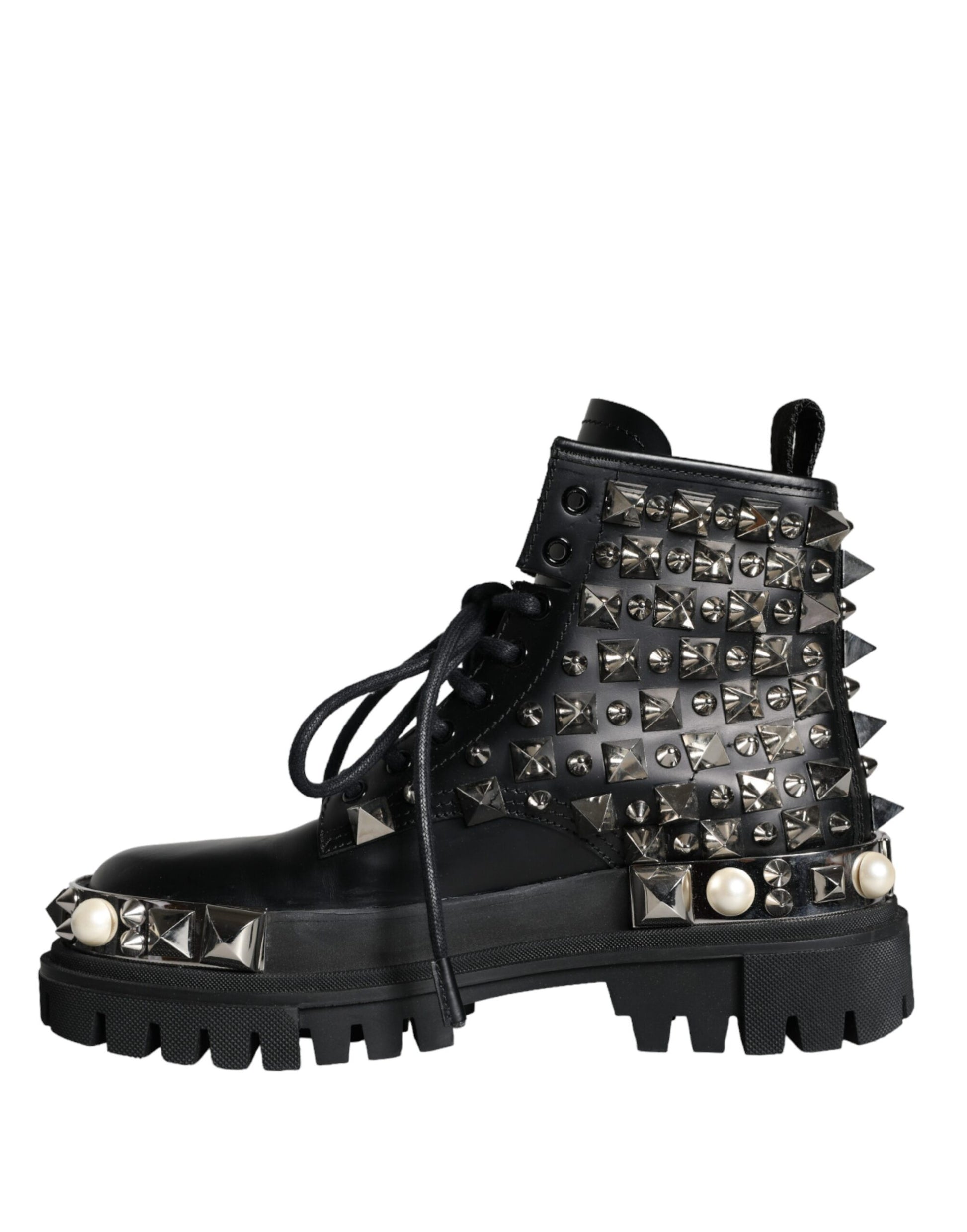 Dolce & Gabbana Black Leather Studs Embellished Combat Boots Shoes