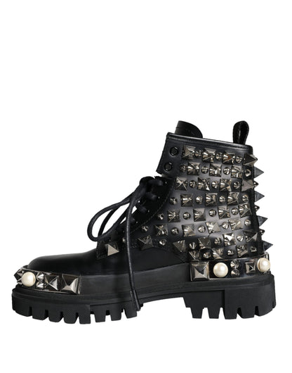 Dolce & Gabbana Black Leather Studs Embellished Combat Boots Shoes Dolce & Gabbana