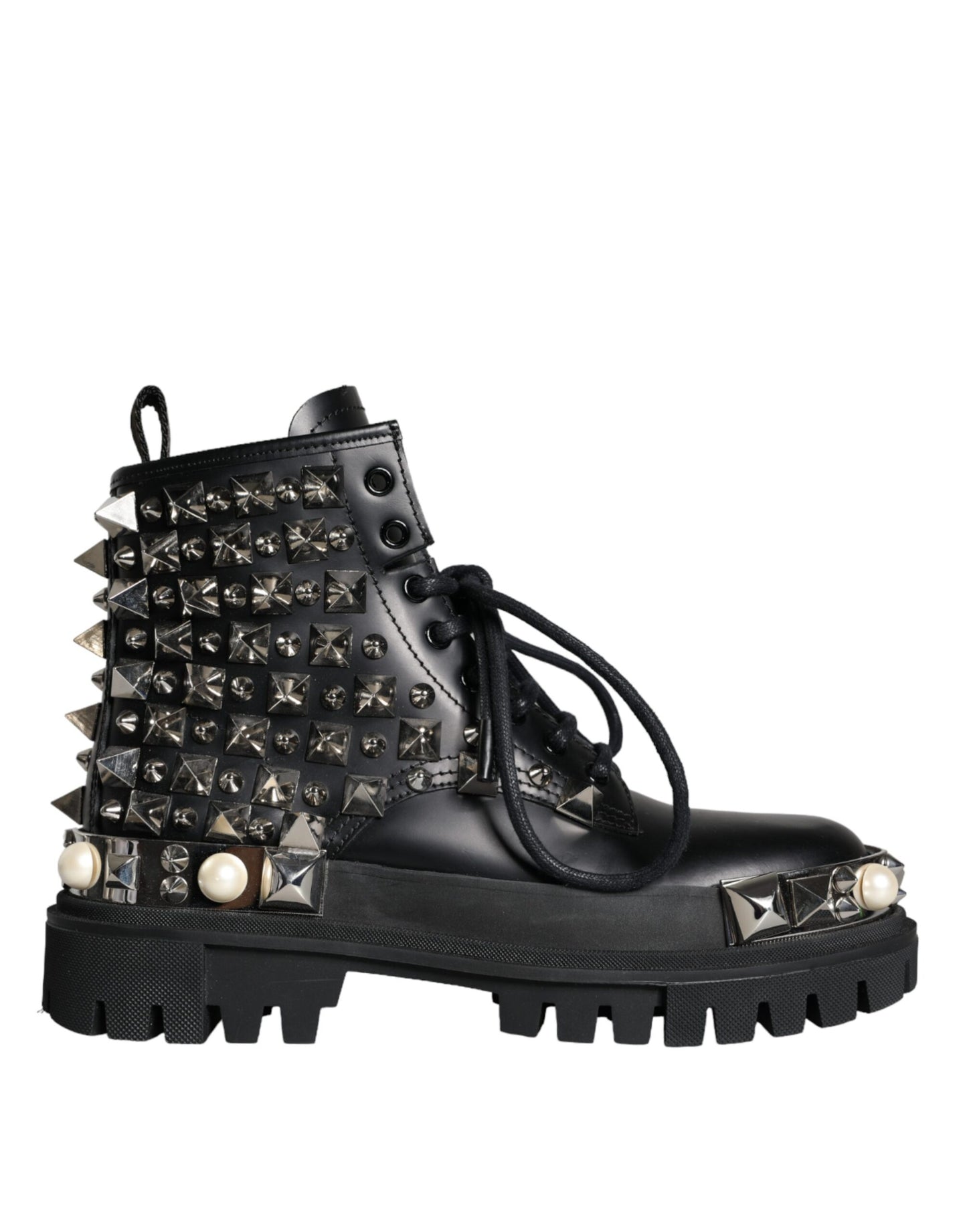 Dolce & Gabbana Black Leather Studs Embellished Combat Boots Shoes Dolce & Gabbana