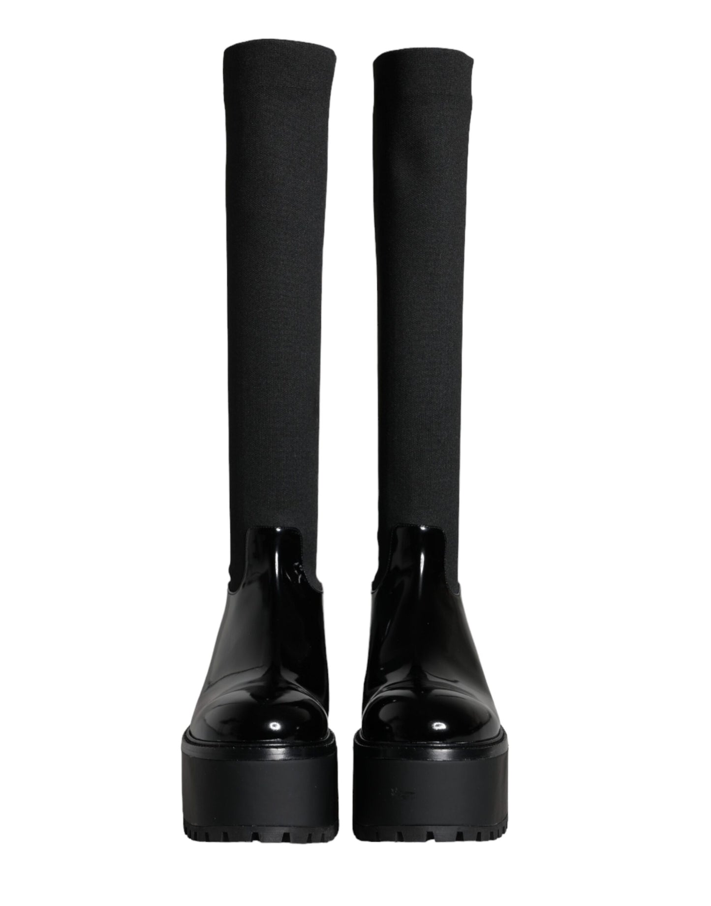 Dolce & Gabbana Black Leather Jersey Knee High Boots Shoes Dolce & Gabbana