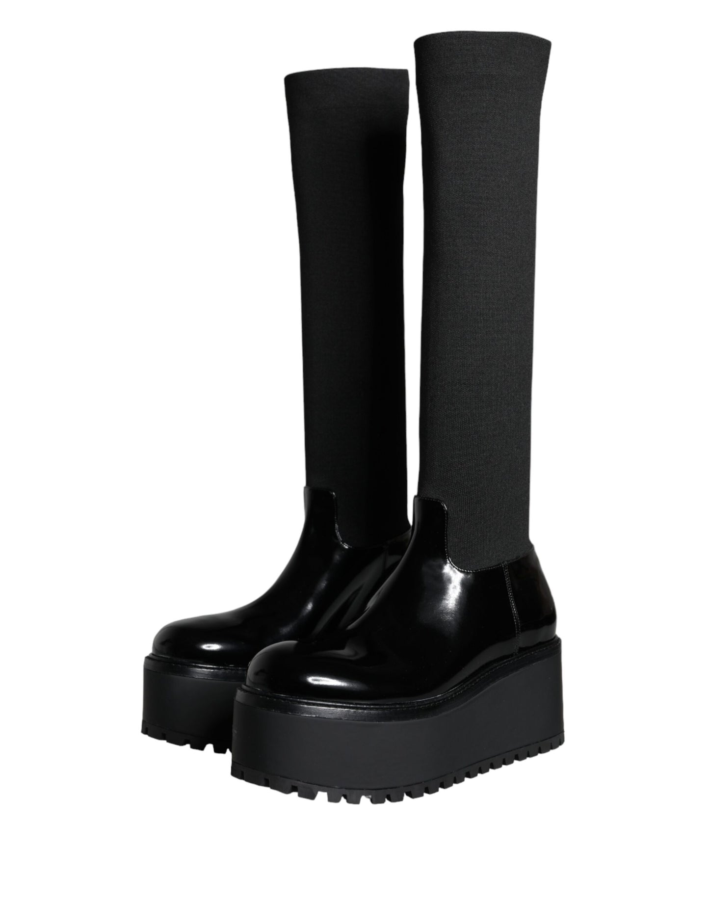 Dolce & Gabbana Black Leather Jersey Knee High Boots Shoes Dolce & Gabbana