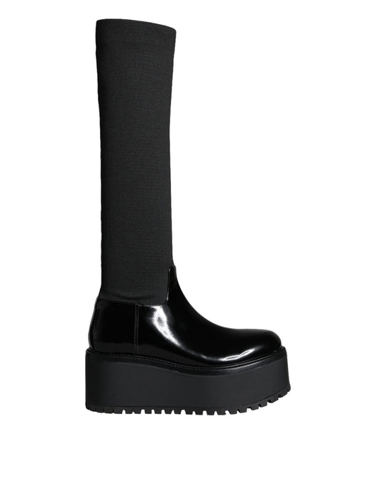 Dolce & Gabbana Black Leather Jersey Knee High Boots Shoes Dolce & Gabbana