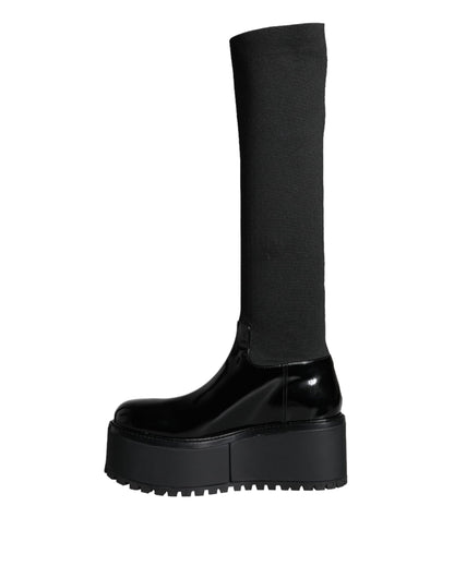 Dolce & Gabbana Black Leather Jersey Knee High Boots Shoes Dolce & Gabbana