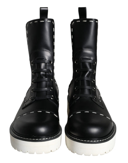 Dolce & Gabbana Black Leather Combat Mid Calf Boots Shoes Dolce & Gabbana