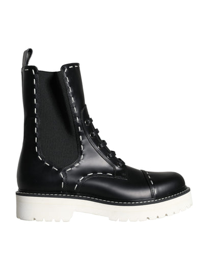 Dolce & Gabbana Black Leather Combat Mid Calf Boots Shoes Dolce & Gabbana