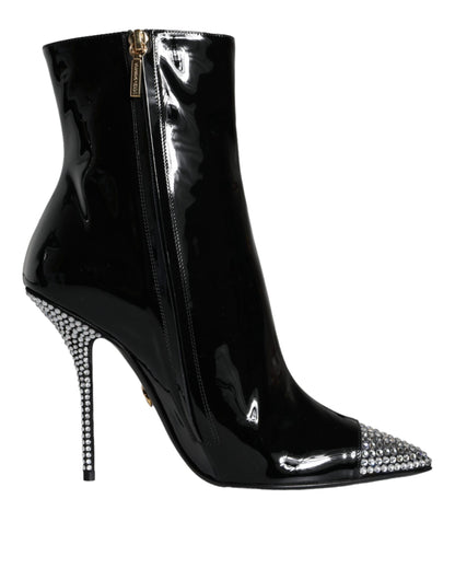 Dolce & Gabbana Black Patent Leather Crystal Heel Boots Shoes Dolce & Gabbana