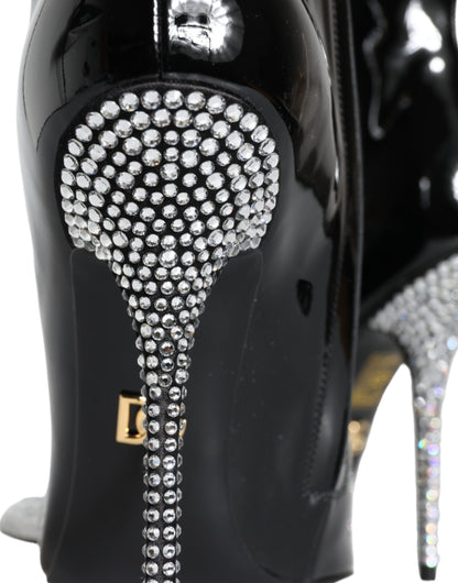 Dolce & Gabbana Black Patent Leather Crystal Heel Boots Shoes Dolce & Gabbana